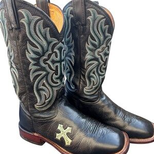 Tony Lama Women's Ol’Buck Western Boots Sz 7B Black W/ Blue Cross Inlay TC1004L